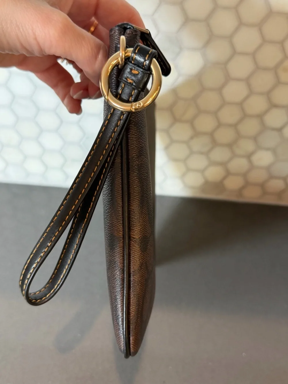 Coach Large PVC Signature Canvas Zip Wristlet Clutch with Gold Hardware EUC